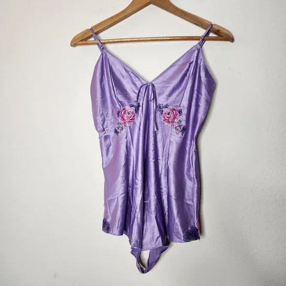 Victorias Secret Floral Embroidery Stretch Satin Romper Bodysuit Sexy Medium - Picture 4 of 10